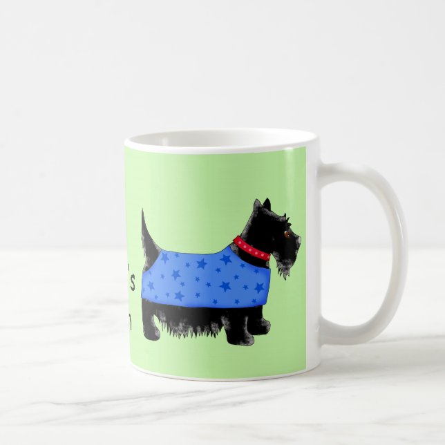 Black Scottie Dog Blue Coat Name Personalise Green Coffee Mug (Right)