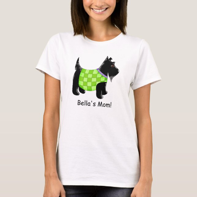 Black Scottie Dog Green Name Personalised T-Shirt (Front)