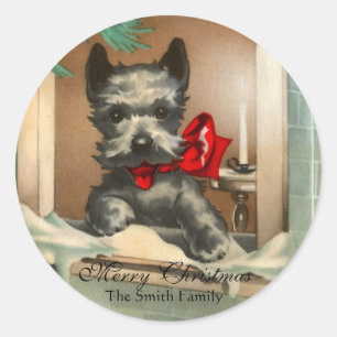Black Scottie Dog in Window Red Classic Round Sticker