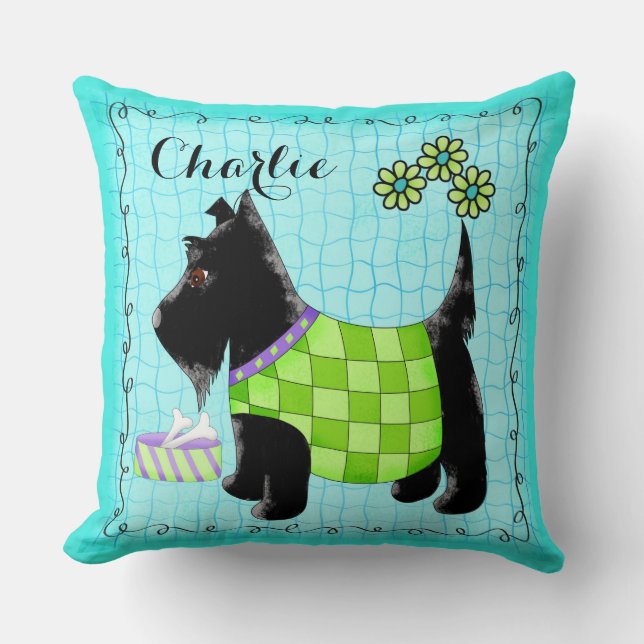 Black Scottie Dog Name Personalise Turquoise Cushion (Front)