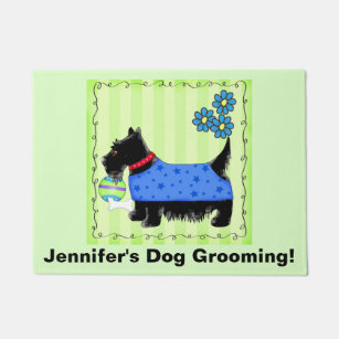 Black Scottie Dog Pet Grooming Business Green Doormat