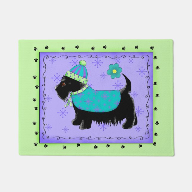 Black Scottie Dog Welcoming Lime Green Lavender Doormat (Front)