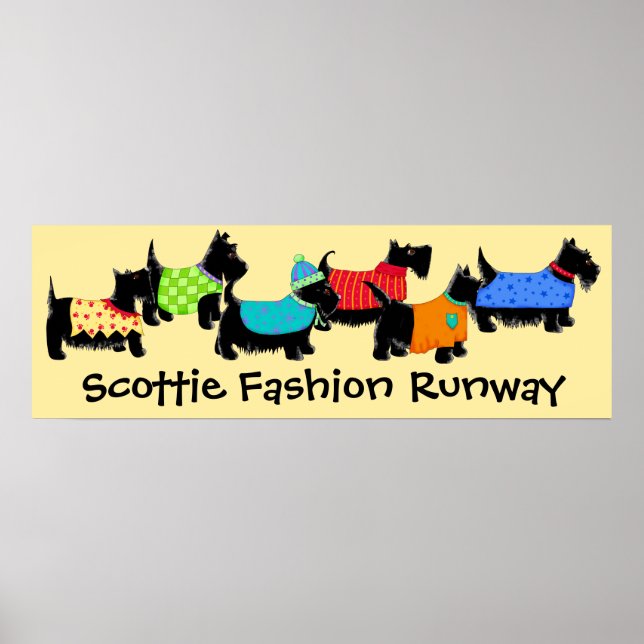 Black Scottie Dogs Fashion Runway Art Yellow Poster (Front)
