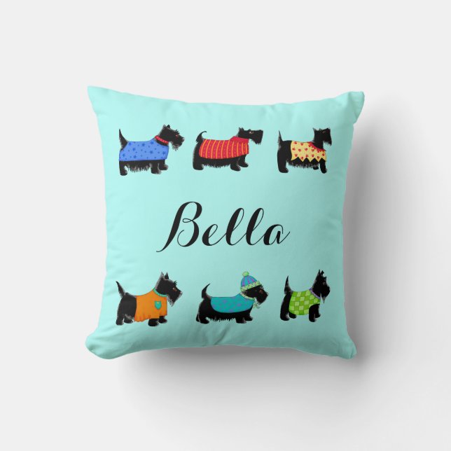 Black Scottie Dogs Name Personalised Turquoise Cushion (Front)