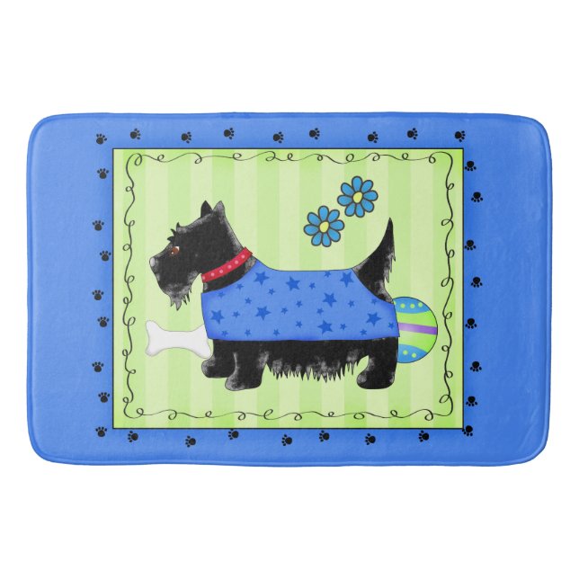 Black Scottie Terrier Blue and Lime Green Bath Mat (Front)