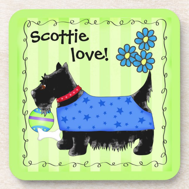 Black Scottie Terrier Dog Love Personalised Green Coaster (Front)