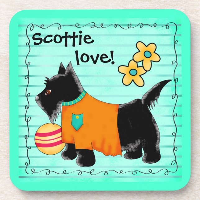 Black Scottie Terrier Dog Love Personalized Teal Coaster (Front)