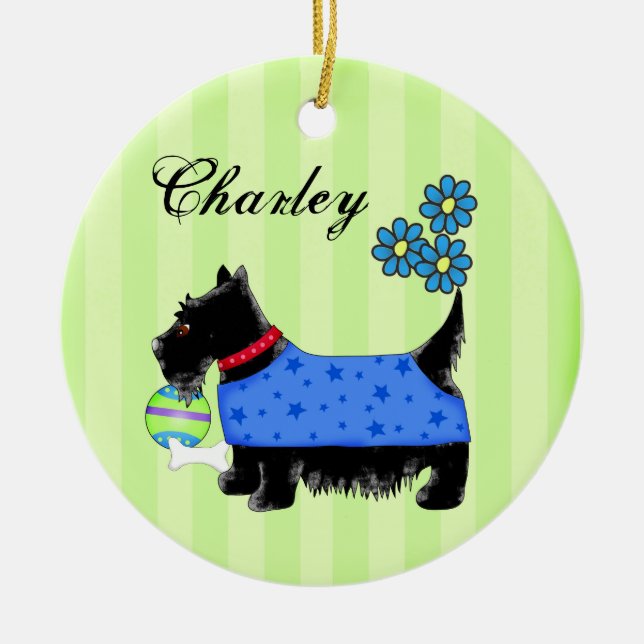 Black Scottie Terrier Dog Name Personalised Green Ceramic Tree Decoration (Front)