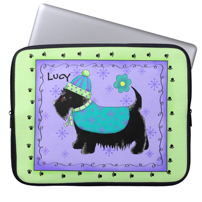 Black Scottie Terrier Dog Name Personalised Green Laptop Sleeve (Front)