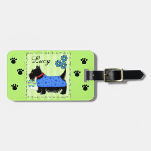 Black Scottie Terrier Dog Name Personalised Green Luggage Tag