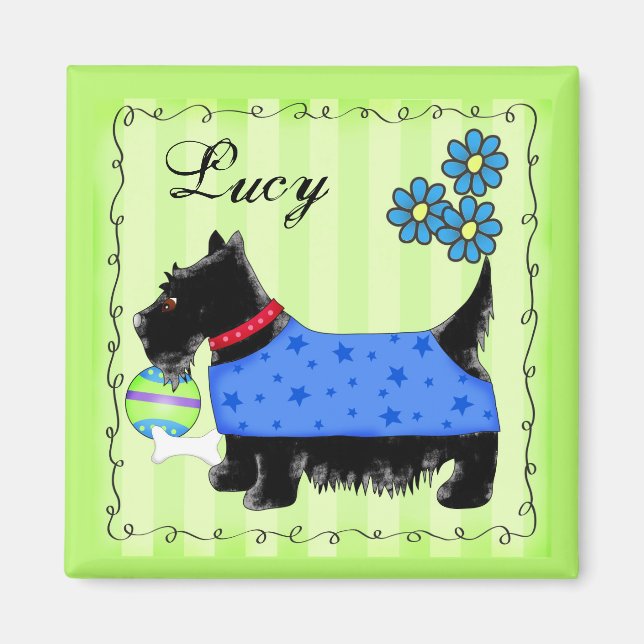 Black Scottie Terrier Dog Name Personalised Green Magnet (Front)