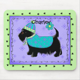 Black Scottie Terrier Dog Name Personalised Green Mouse Mat