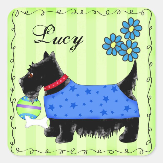 Black Scottie Terrier Dog Name Personalised Green Square Sticker (Front)