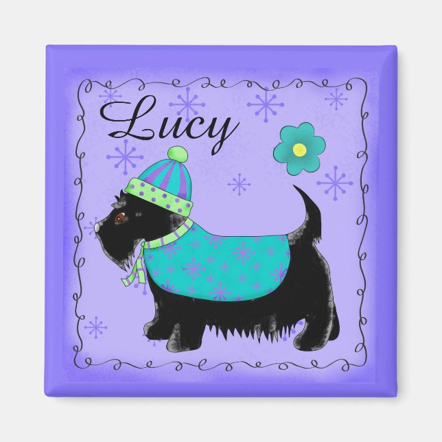 Black Scottie Terrier Dog Name Personalised Purple Magnet (Front)