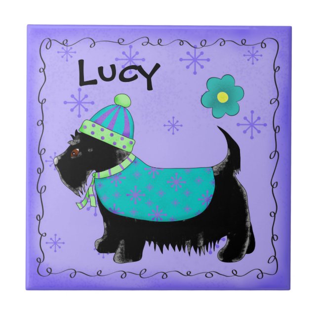 Black Scottie Terrier Dog Name Personalised Purple Tile (Front)