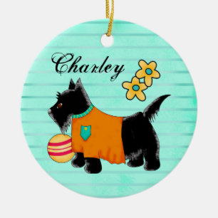 Black Scottie Terrier Dog Name Personalised Teal Ceramic Tree Decoration