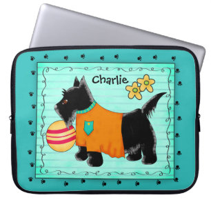 Black Scottie Terrier Dog Name Personalised Teal Laptop Sleeve