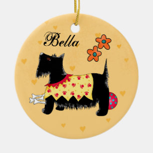 Black Scottie Terrier Dog Name Personalised Yellow Ceramic Tree Decoration