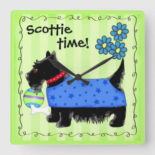 Black Scottie Terrier Dog Personalised Green Square Wall Clock