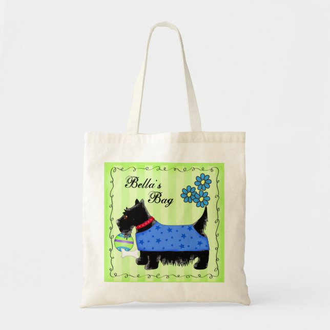 Black Scottie Terrier Dog Personalised Green Tote Bag (Front)