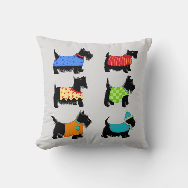 Black Scottie Terrier Dogs Grey or Grey Decorative Cushion (Front)