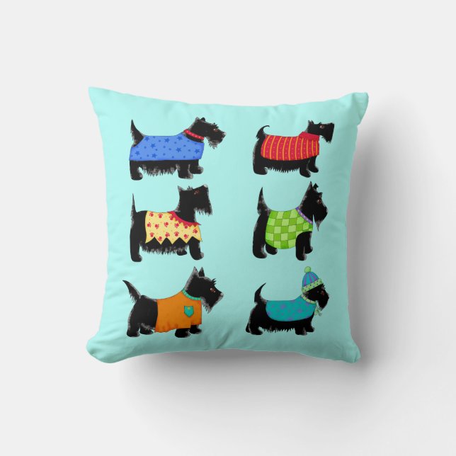 Black Scottie Terrier Dogs Turquoise Decorative Cushion (Front)