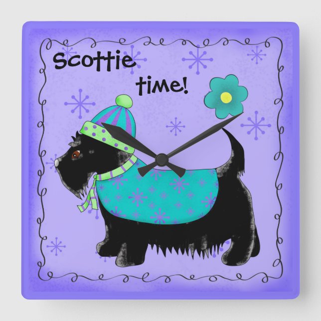 Black Scottie Time Dog Personalised Lavender Square Wall Clock (Front)