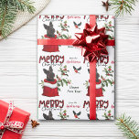 Black Scottish Terrier Dog Christmas Gift Bag  Wrapping Paper<br><div class="desc">The repeated pattern on this cute Christmas wrapping paper is an image of an adorable Scottish Terrier dog peeking out from a Holiday gift bag. Behind him is a sprig of holly and red berries. A red and black bullfinch bird is about to land. Stylised red and black buffalo plaid...</div>