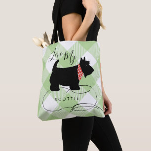 Black Scottish Terrier Dog Green Buffalo Check Tote Bag