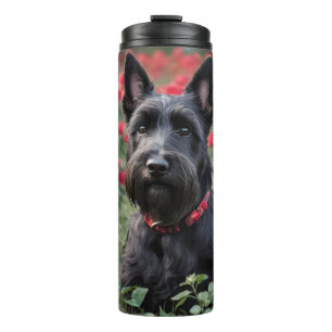 Black Scottish Terrier In Red Roses, Thermal Tumbler