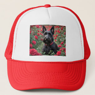 Black Scottish Terrier In Red Roses,  Trucker Hat