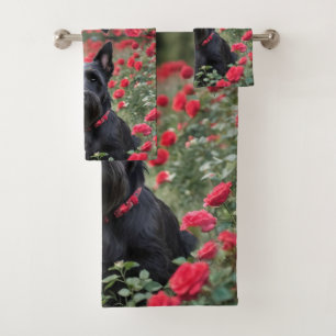 Black Scottish Terrier In The Red Roses, Bath Towel Set