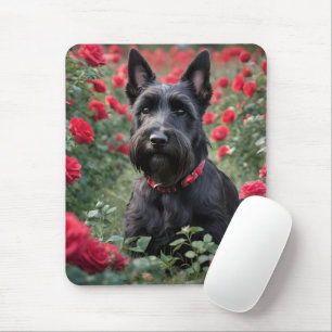 Black Scottish Terrier In The Red Roses, Mouse Mat