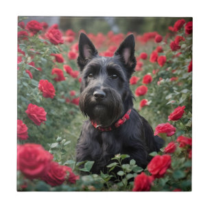Black Scottish Terrier In The Red Roses, Tile