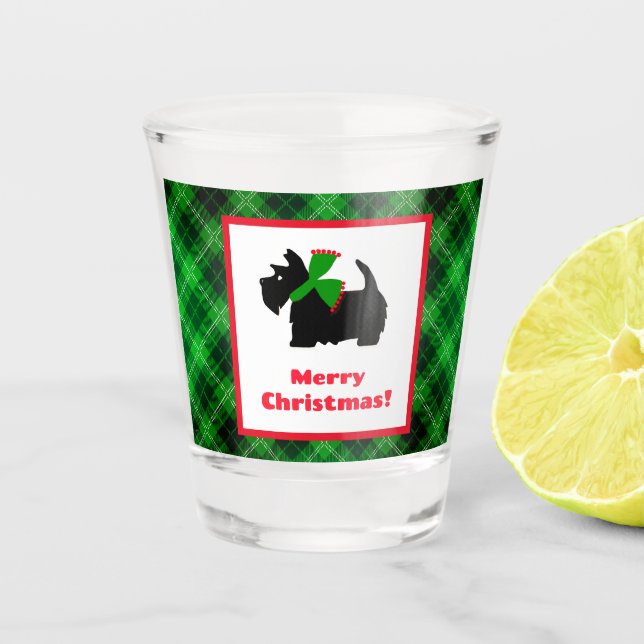 Black Scotty Dog Tartan Plaid Christmas Shot Glass (Front)