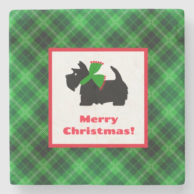 Black Scotty Dog Tartan Plaid Christmas Stone Coaster (Front)