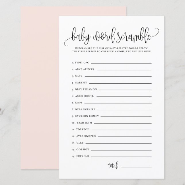Black Script Baby Word Scramble Baby Shower Game (Front/Back)