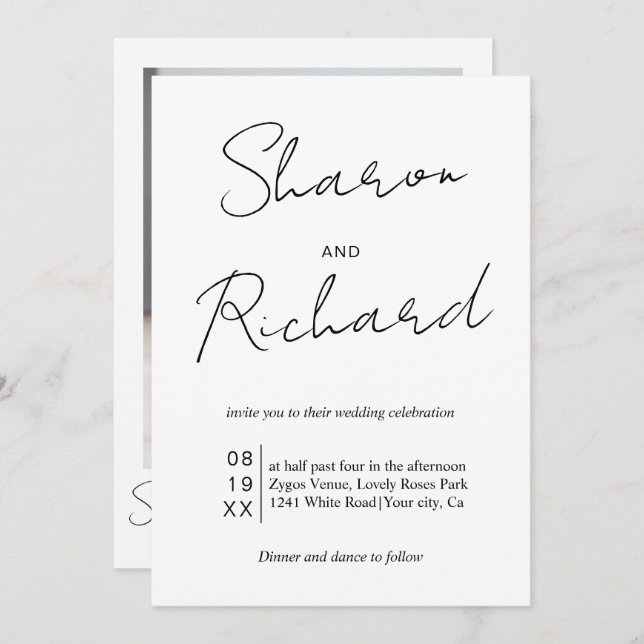 Black script calligraphy on white photo wedding invitation (Front/Back)