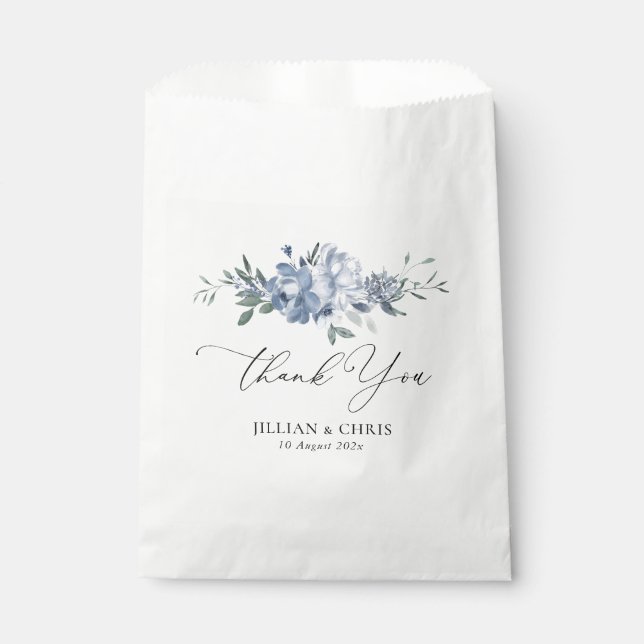 black script dusty blue floral wedding favour bags (Front)