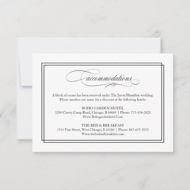 Black Script Elegant Wedding Accommodations RSVP Card (Front)