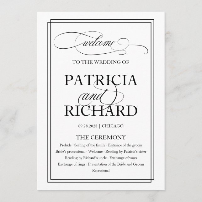 Black Script Elegant Wedding Ceremony Program Programme (Front)
