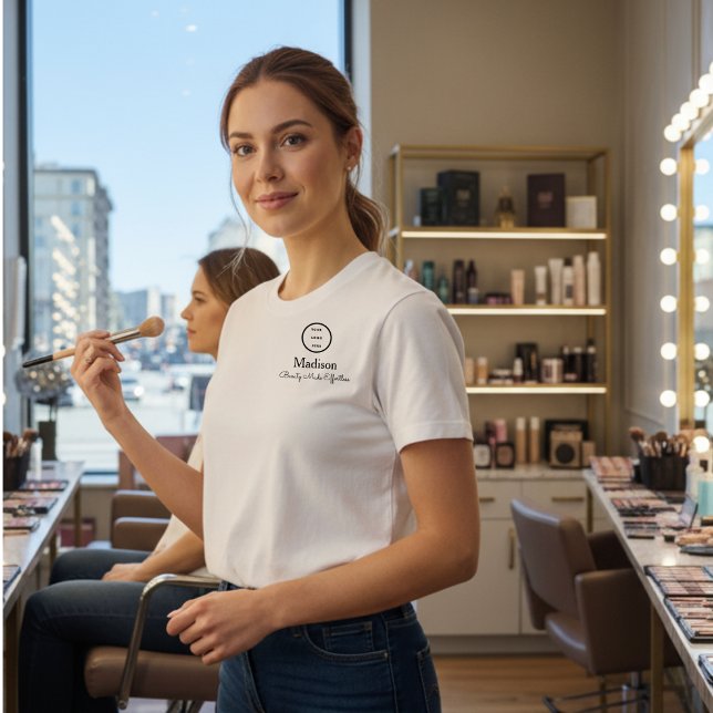 Black Script Employee Name Business Logo Makeup T-Shirt (Creator Uploaded)