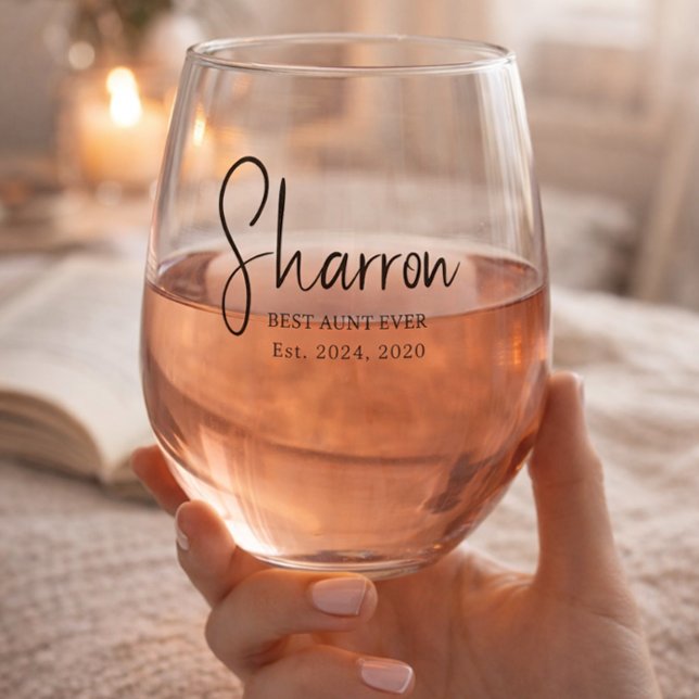 Black Script Established Best Aunt Custom  Stemless Wine Glass (Creator Uploaded)