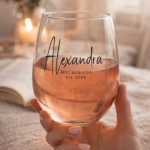 Black Script Established Best Mom Ever Custom  Stemless Wine Glass
