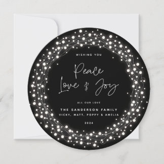 Black Script Font Peace Love+Joy Sparkling Lights Holiday Card