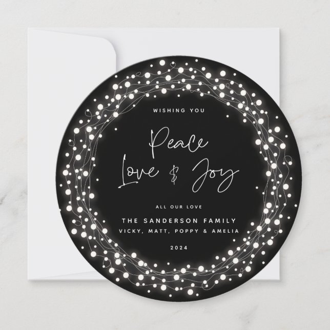 Black Script Font Peace Love+Joy Sparkling Lights Holiday Card (Front)