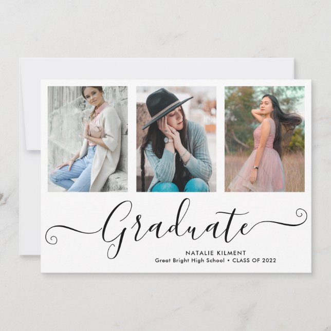 Black Script Graduate 4 Photo Collage Graduation Invitation (Front)