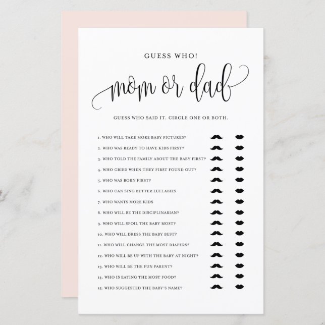 Black Script Guess Who Mum or Dad Baby Shower Game (Front/Back)