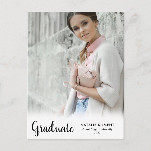 Black Script Modern Graduate Photo Graduation Announcement Postcard (Front)