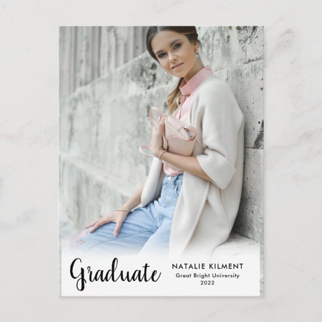 Black Script Modern Graduate Photo Graduation Announcement Postcard (Front)
